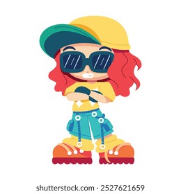 Vector Retro Cartoon Girl With Sunglasses Character Y2k Style Illustration Isolated