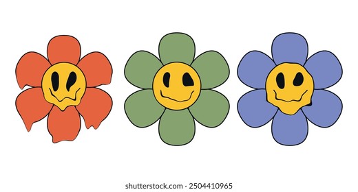 Vector retro cartoon groovy colors daisy psychedelic quirky cartoon face set on white isolated background. Funny cartoon flower with melted smile faces in trippy acid rave style. 70s retro backgrounds