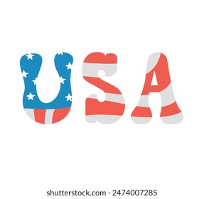 Vector retro cartoon groovy USA lettering with flag isolated on white background