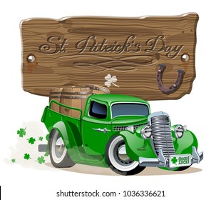 Vector retro cartoon pick-up truck with beer barrels for Happy Saint Patrick's Day Irish celebration design. Beer festival lettering on wood board. EPS-10 separated by groups and layers.