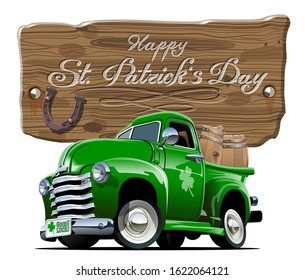 Vector retro cartoon pick-up truck with beer barrels for Happy Saint Patrick's Day Irish celebration design. Beer festival lettering on wood board. EPS-10 separated by groups and layers.