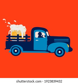 Vector retro cartoon pick-up truck with beer cup, view from side on red background. Beer concept. Vintage vector illustration