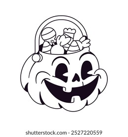 Vector Retro Cartoon pumpkin Basket Character Halloween Illustration Isolated