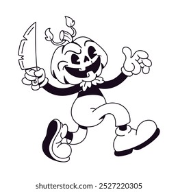 Vector Retro Cartoon Pumpkin Jack O Lantern Knife Character Illustration Isolated