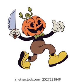 Vector Retro de dibujos animados de calabaza Jack O Ilustración de personaje de cuchillo de linterna aislado