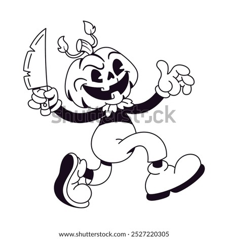 Vector Retro Cartoon Pumpkin Jack O Lantern Knife Character Illustration Isolated