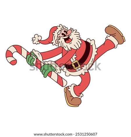 Vector Retro Cartoon Santa Claus Candy Cane Character Groovy Illustration Isolated