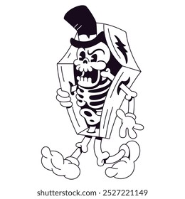 Vector Retro Cartoon Skeleton Walking Coffin Character Illustration Isolated