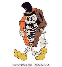 Vector Retro Cartoon Skeleton Walking Coffin Character Illustration Isolated