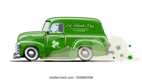 Vector retro cartoon van with Beer festival lettering for Happy Saint Patrick's Day. Irish celebration design. EPS-10 separated by groups and layers.