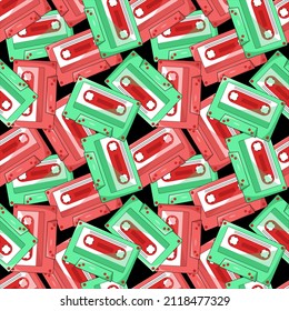 Vector retro cassette tapes drawn in a simple style. Vintage illustration in green and pink. Seamless pattern