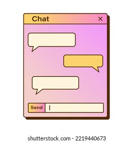 Vector retro chat window with speech bubbles. Gradient vaporwave computer interface. Chat template with shadow.