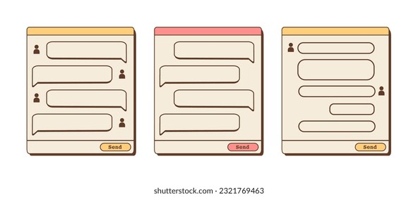 Vector retro chat windows with speech bubbles and user icon. Nostalgic UI. Retro vaporwave computer interface. Chat template. Set of the colorful and neon designs. Vector flat illustration.