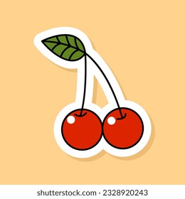 Vector Retro Cherries sticker isolated on yellow background. 70s style cartoon icon white contour