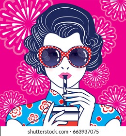 Vector of Retro Chinese Lady Drink with a straw on fireworks pattern background.