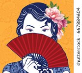 Vector of Retro Chinese Lady holding a fan on yellow chinese pattern background.