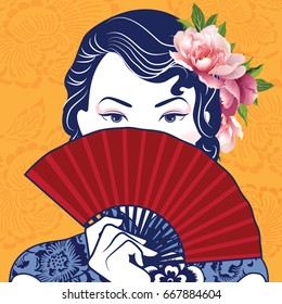 Vector of Retro Chinese Lady holding a fan on yellow chinese pattern background.