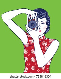 Vector of Retro Chinese Lady holding vintage camera. photographer concept.