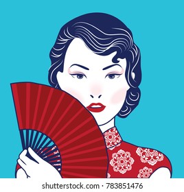 Vector of Retro Chinese Lady holding a fan on light blue background.
