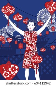 Vector of Retro Chinese Lady with Lantern in Festival Season. 