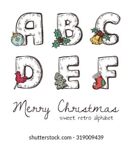 Vector retro christmas alphabet with symbols of holiday isolated in white - a, b, c, d, e, f