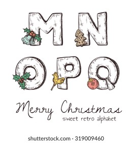 Vector retro christmas alphabet with symbols of holiday isolated in white - n, m, o, p, q