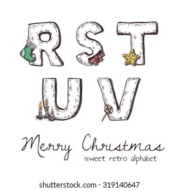 Vector retro christmas alphabet with symbols of holiday isolated in white - r, s, t, u, v