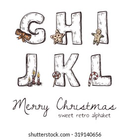 Vector retro christmas alphabet with symbols of holiday isolated in white - g, h, j, k, l, i
