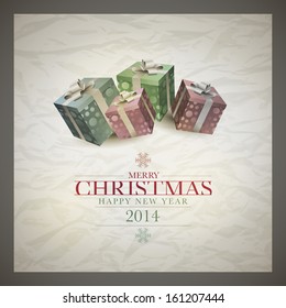 Vector retro Christmas card design template with wrinkled paper background. Elements are layered separately in vector file.