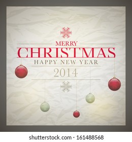 Vektor Retro-Weihnachtskartendesign-Vorlage mit falten Papierhintergrund. Elemente werden separat in einer Vektordatei angeordnet.