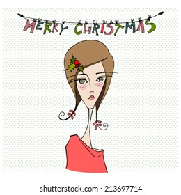 vector retro Christmas card with illustrated Christmas girl