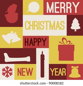 Vector Retro christmas card with various seasonal shapes - yellow and red