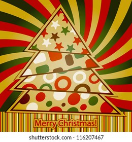 Vector Retro Christmas Greeting Card with abstract  fir tree and "merry christmas" greetings, eps 10 fully editable file with transparency effects