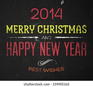 Vector retro christmas greeting card. Vintage grungy typography on black old wall background, weathered and distressed paint. Merry christmas and happy new year, best wishes. Color version.