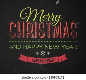 Vector retro christmas greeting card. Vintage grungy typography on black old wall background, weathered and distressed paint. Merry christmas and happy new year, best wishes. Color version.