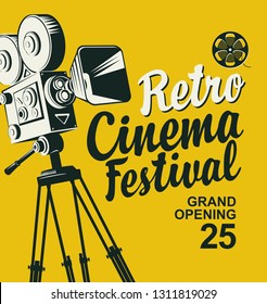 Vector retro cinema festival poster with old-fashioned movie camera and calligraphic inscription. Can be used for poster, flyer, billboard, web page, background, ticket