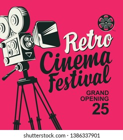 Vector retro cinema festival poster with old-fashioned movie camera and calligraphic inscription on a red background. Can be used for banner, flyer, billboard, web page, background, tickets