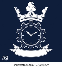 Vector retro cog wheel and clock with crown, business organizer symbol. Production process planning conceptual icon. Engineering design element Ã?Â¢?? gear. Imperial theme emblem.