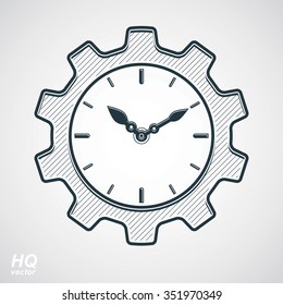 Vector retro cog wheel and clock with an hour hand, gear symbol. Production process planning conceptual icon. Industry and engineering design element 