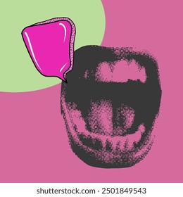 Vector retro collage de una boca con la burbuja del discurso en estilo del arte pop.