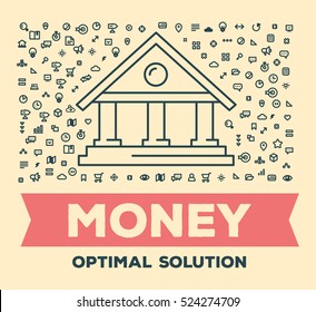 Vector retro color creative illustration of big bank with set of line icons and word typography on light background.  Credit institution concept. Thin line art style design for financial operations