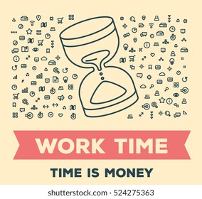 Vector retro color creative illustration of big hourglass with set of line icons, word typography on light background. Time management concept. Thin line art style design for business work time theme