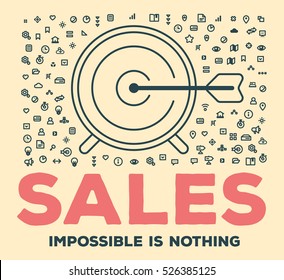 Vector retro color creative illustration of big target and arrow with set of line icons and word typography on light background. Sales growth concept. Thin line art style design for sales management
