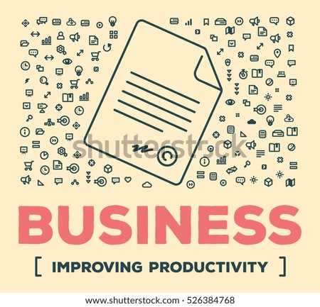 Vector retro color creative illustration of big agreement with set of line icons, word typography on light background. Business conclude treaty concept. Thin line art style design of business contract