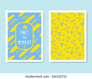 Vector Retro Color Design. Hand Drawn Abstract Modern Style Template Collection for Banner, Flyer, Placard, Brochure and Poster on Light Background. Front ad Back Side. Yellow and Blue.