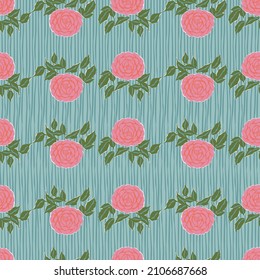 Vector retro color hand drawing roses and leaf stripe pattern seamless repeat fashion home kitchen print fabric textile digital artwork