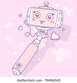 Vector retro color illustration of cartoon phone with cute face in selfi stick on pink background with heart. Doodle line art style design for web, site,print