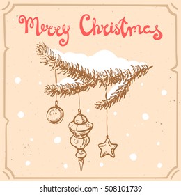 Vector retro color illustration of text Merry Christmas on the background with abstract paper texture,retro frame.Letters and christmas tree branch sketch.Image in vintage style for your design.