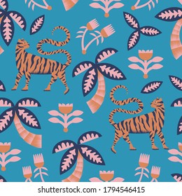 Vector retro color tiger, palm tree, flower seamless repeat pattern with blue background