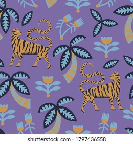 Vector retro color tiger, palm tree, flower seamless repeat pattern